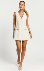 Abbey Mini Dress - Button Front V Neck Vest Dress in Oat