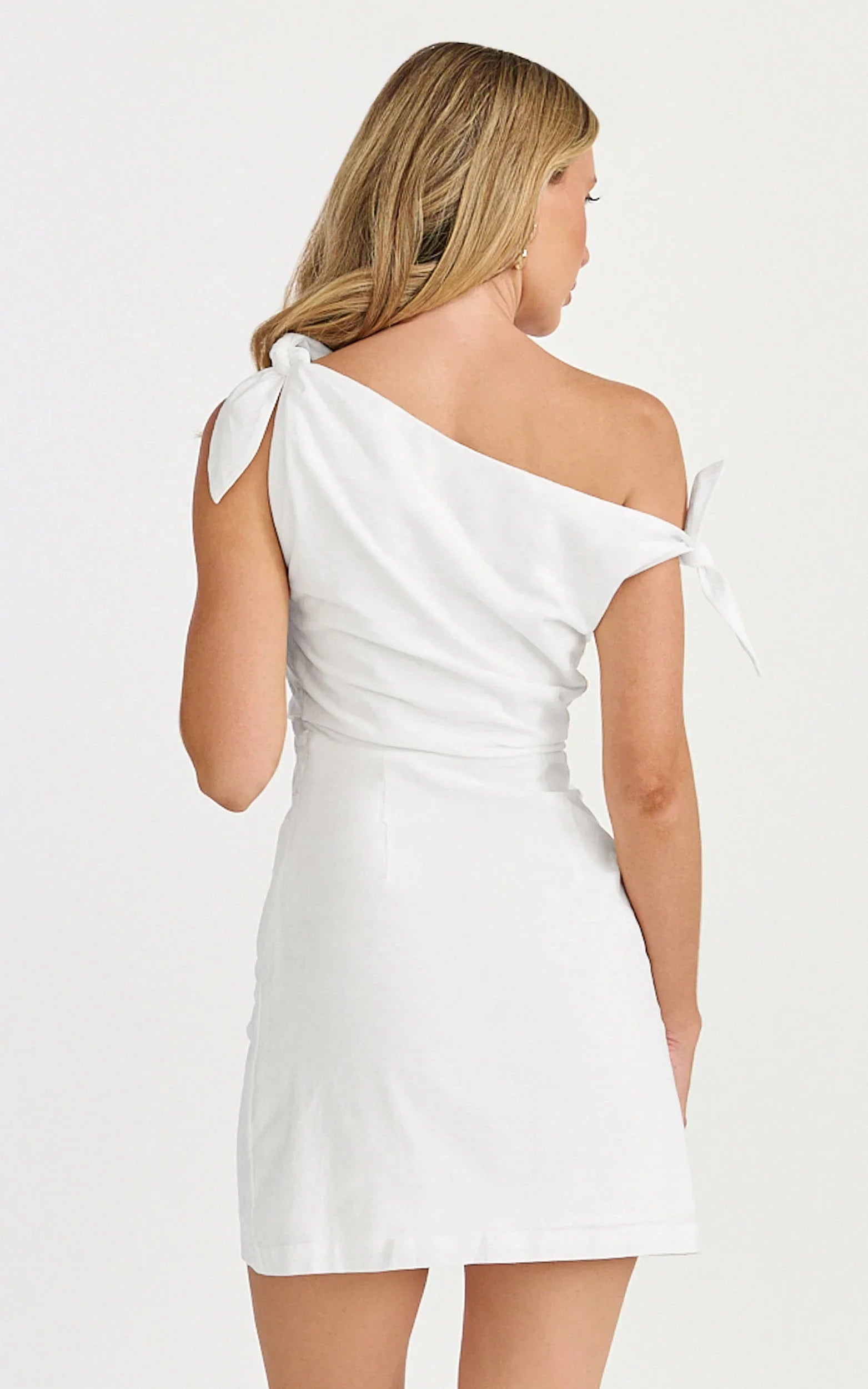 Jeofina Mini Dress - Off The Shoulder Linen Look Dress in White