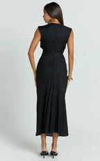Beatrice Midi Dress - Plunge Neck Tie Cut Out Front Dress in Black