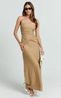 Santiago Midi Dress - Textured Jersey Strapless Twist Waist Dress in Beige