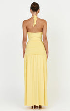 Phoenix Maxi Dress - Halter Neck Gold Trim Jersey Dress in Yellow