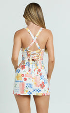 Mikayla Mini Linen Blend Dress - Sweetheart Ruched Bust Fitted Dress in Pomodoro Paradise