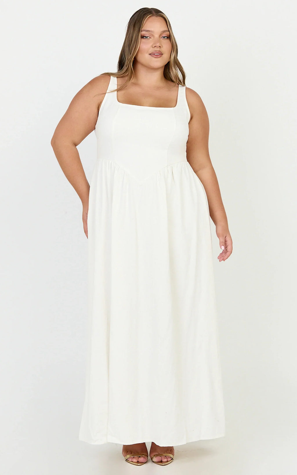 Rhaziya Midi Dress - Sleeveless Straight Neck Fit and Flare Dress in White