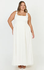 Rhaziya Midi Dress - Sleeveless Straight Neck Fit and Flare Dress in White