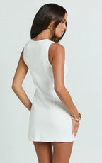 Alberta Mini Dress - Fitted Hardware Button Down Welt Pocket Dress in Off White
