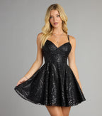 Linda Lace-Up Glitter Sequin Skater Party Dress