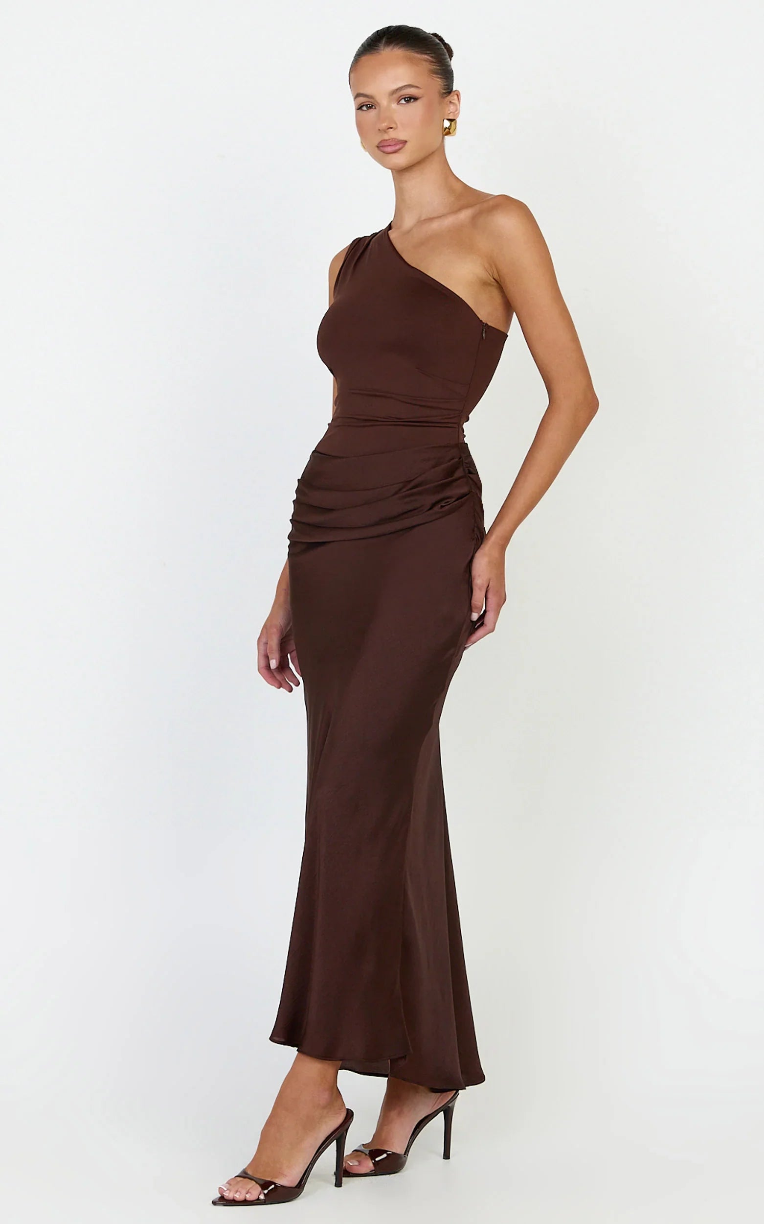 Astrid Midi Dress - One Shoulder Contrast Satin Dress in Chocolate