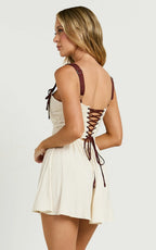 Tommy Mini Dress - Linen Ruched Bodice Laced Back Gathered Skirt Dress in Cream