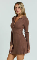 Lara Mini Dress - Long Sleeve Collared Placket Knit Dress in Brown
