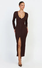 Zayla Midi Dress - Long Sleeve Button Front Bodycon Dress in Chocolate