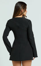 Lausanne Mini Dress - Sweetheart Neck Long Sleeve Zip Front Tulip Dress in Black