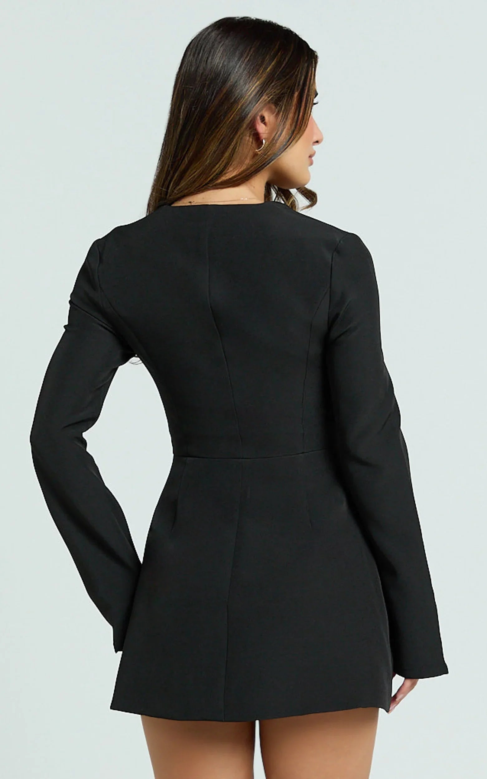 Lausanne Mini Dress - Sweetheart Neck Long Sleeve Zip Front Tulip Dress in Black