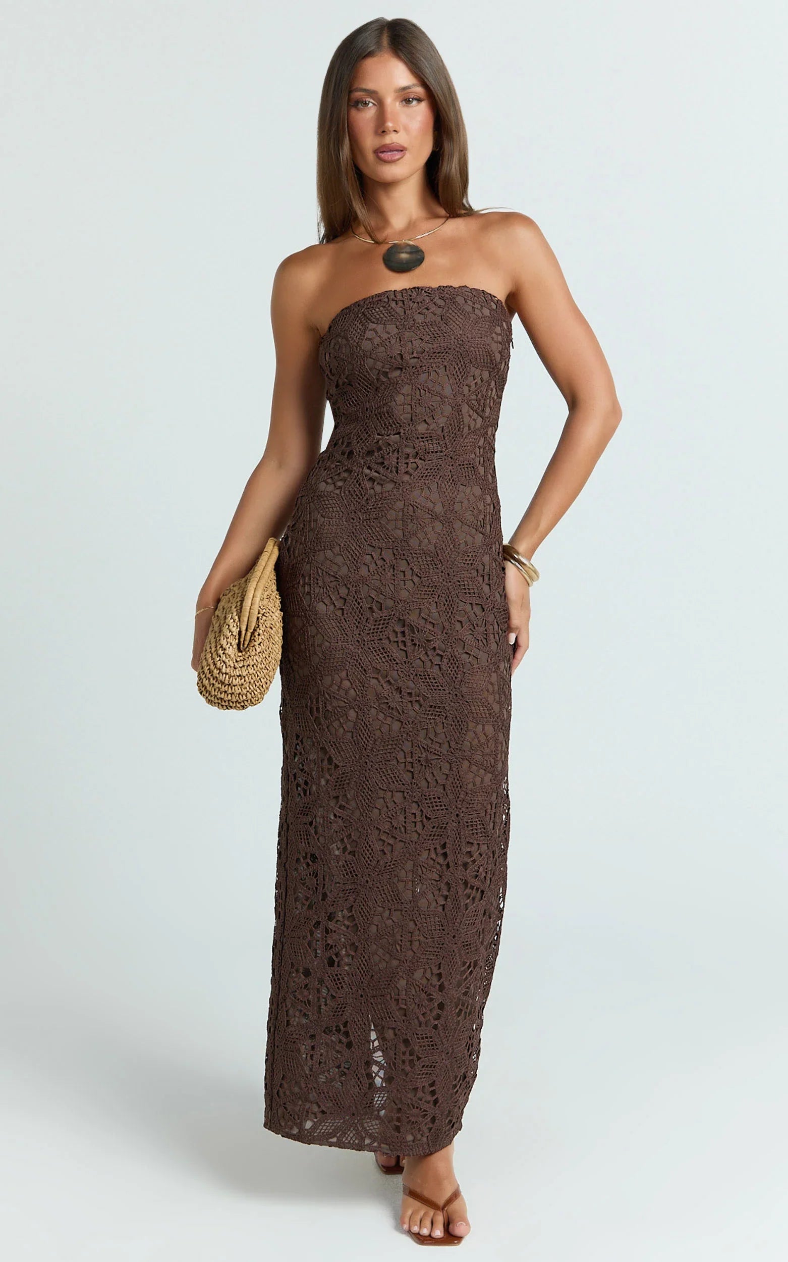 Tamika Midi Dress - Crochet Strapless Column Dress in Chocolate