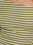 Adrietta Long Sleeve Off Shoulder Mini Dress Cream / Matcha Stripe