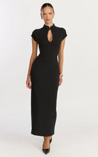 Cassienne Midi Dress - High Neck Keyhole Cut Out Bodycon Midi Dress in Black
