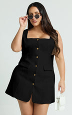 Kenna Mini Dress - Square Neck Button Down Mini Dress in Black