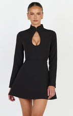 Renee Mini Dress - Long Sleeve Keyhole Fit and Flare Dress in Black