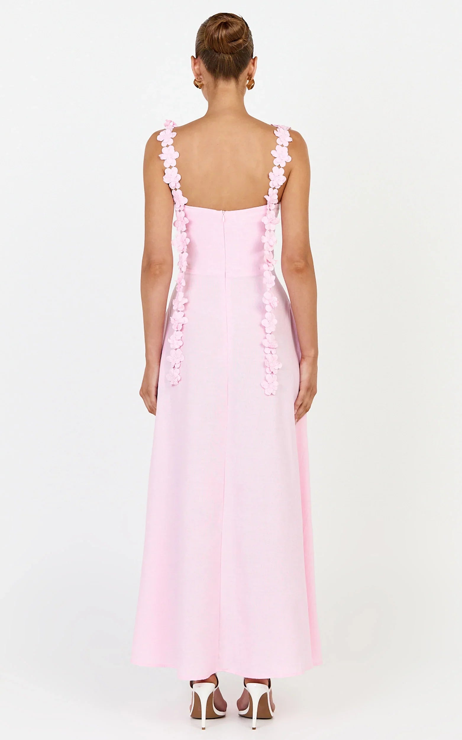Clementine Midi Dress - 3D Floral Strap Dress in Pink