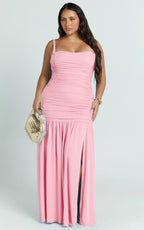 Cardi Maxi Dress - Ruched Mesh High Leg Split Dress in Pink
