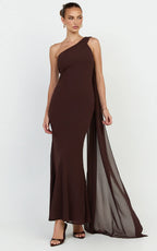 Carmilla  Maxi Dress - One Shoulder Scarf Dress in Chocolate