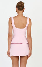 Vivienne Mini Dress - Square Neck Rosette Peplum Dress in Pink