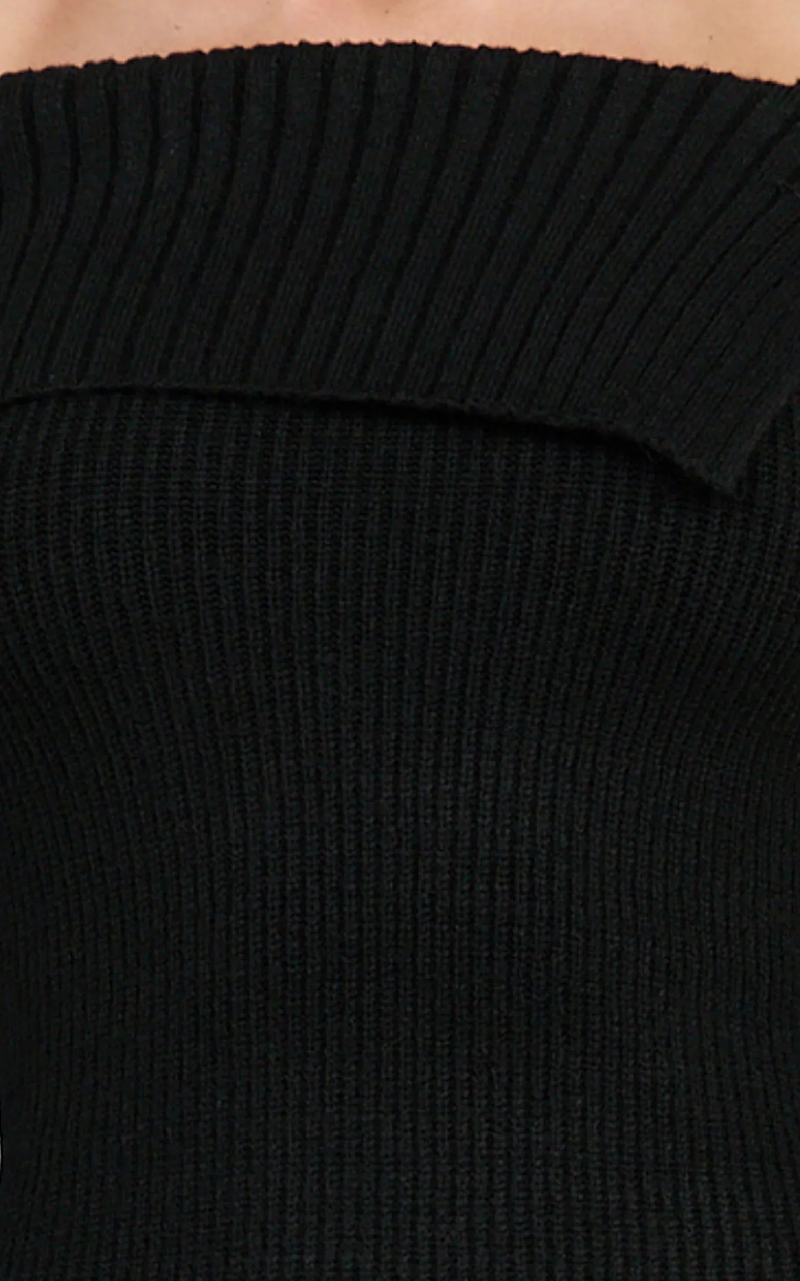 Tess Mini Dress - Asymmetric Off Shoulder Long Sleeve Knit Dress in Black