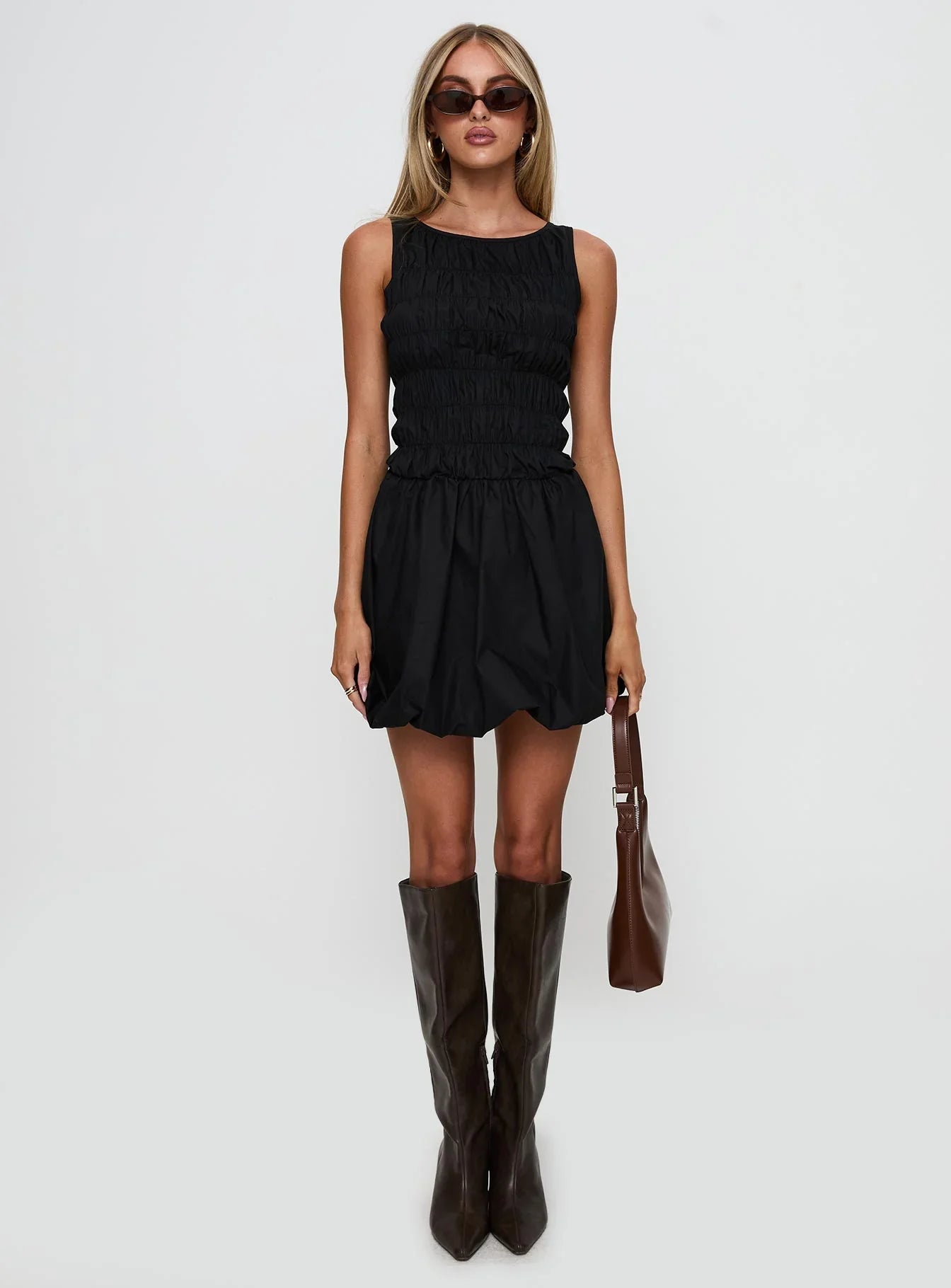 Demure Shirred Bubble Hem Mini Dress Black
