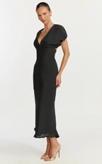 Desiree Midi Dress - V Neck Flutter Short Sleeve Slip Dress in Black