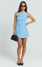 Claire Mini Dress - Tipped Shoulder Tulip Skirt Dress in Blue