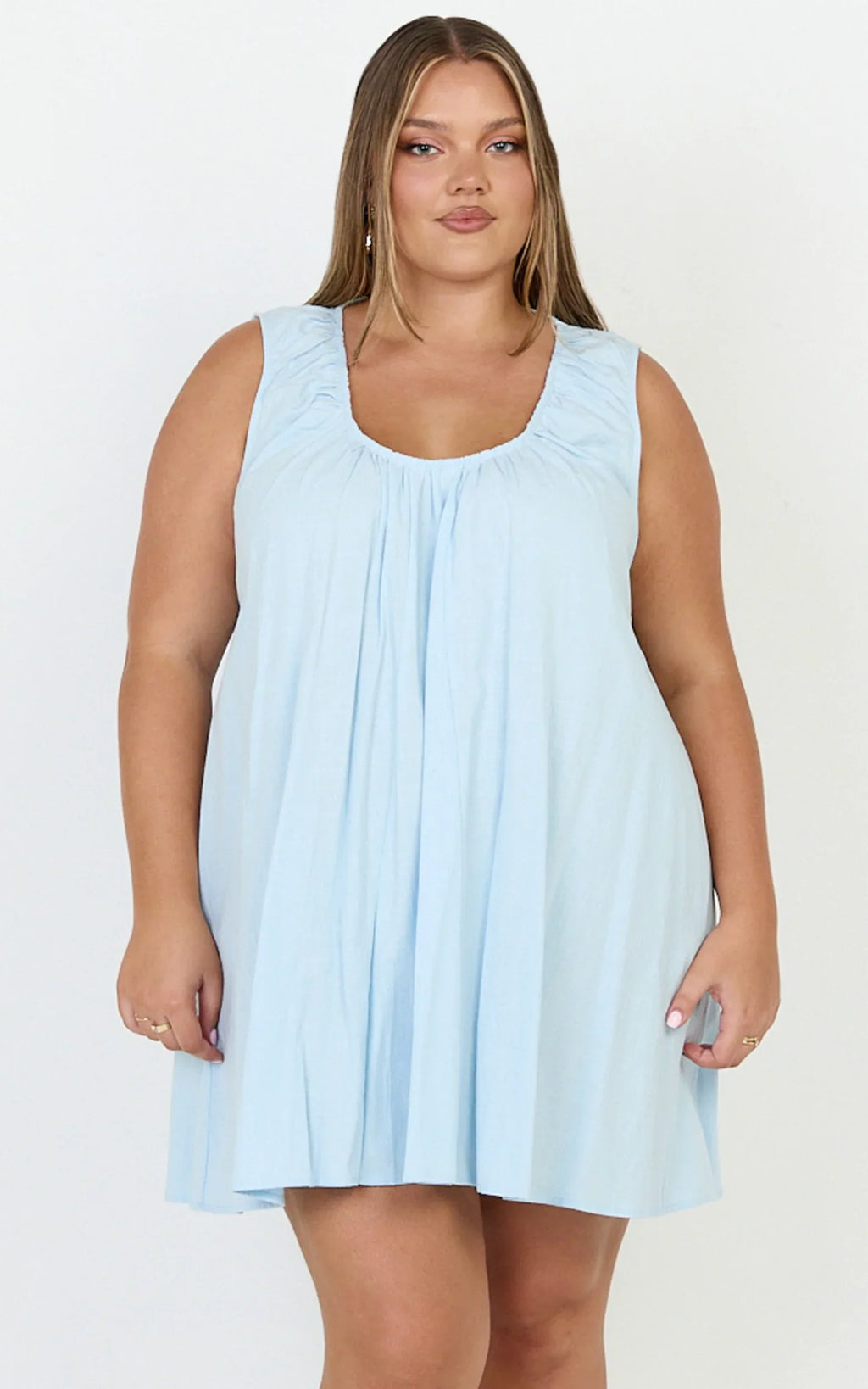 Lucinda Mini Dress - Deep U Gathered Neck Smock Dress in Pale Blue