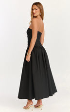 Louisa Midi Dress - Strapless Side Ruched Dropped Waist Fit And Flare Dress in Black