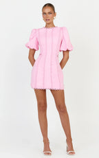 Laila Mini Linen Blend Dress - High Neck Side Cut Out Puff Sleeve Straight Dress in Pink