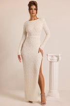 Kateproms Embellished Long Sleeve Backless Maxi Dress in White