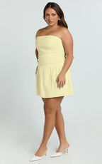 Donatella Mini Dress - Strapless Drop Waist Dress in Lemon