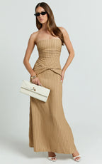 Santiago Midi Dress - Textured Jersey Strapless Twist Waist Dress in Beige