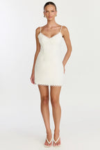 Loya Mini Dress - Scallop Lace Trim Mini Dress in Off White