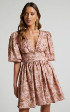 Amalie The Label - Rivinna Linen Blend Pleat Waist Puff Sleeve Mini Dress - Int