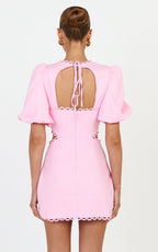 Laila Mini Linen Blend Dress - High Neck Side Cut Out Puff Sleeve Straight Dress in Pink