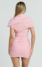Nicolette Mini Dress - Ruched Short Sleeve Bodycon Dress in Blush