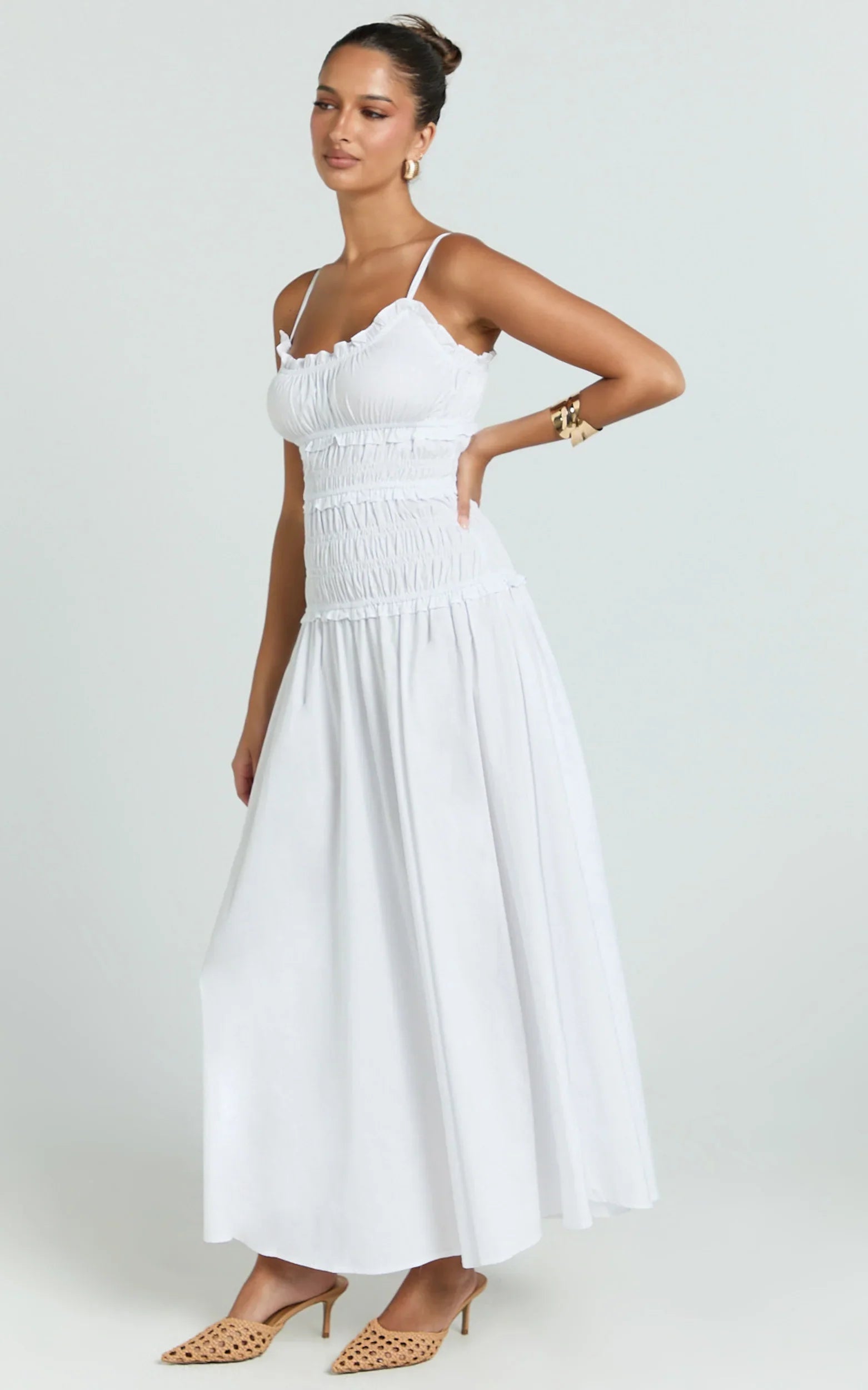 Cami Midi Dress - Rushed Bodice Dress in White