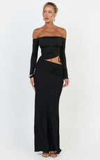 Tallulah Maxi Dress - Off Shoulder Long Sleeve Side Ruched Cut Out Dress in Black