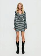 Morgen Asymmetrical Long Sleeve Mini Dress Grey / Green Stripe