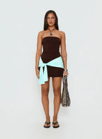 Teeah Strapless Tie Detail Contrast Mini Dress Brown / Blue