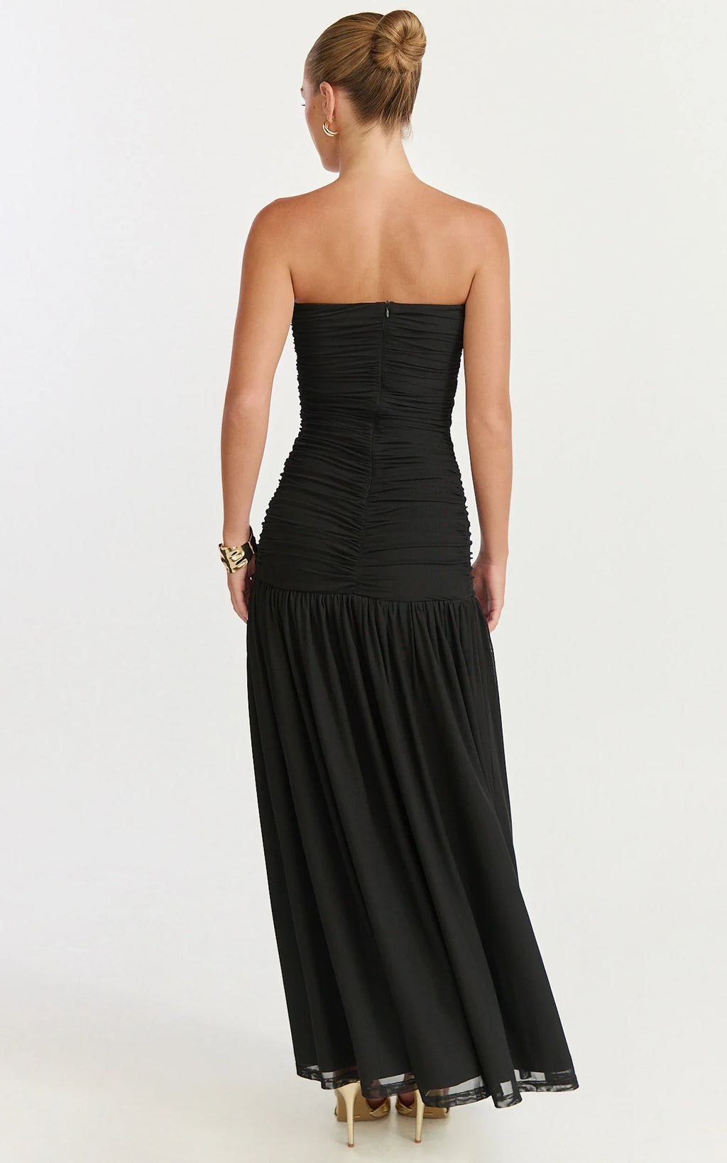 Lara Maxi Dress - Strapless Ruched Mesh High Leg Split Dress in Black