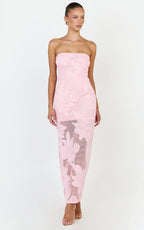 Sienna Midi Dress - Strapless Floral Embroidered Bodycon Dress in Pink