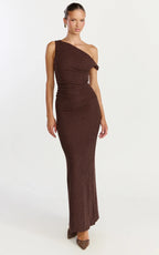 Veda Maxi Dress - Asymmetric One Shoulder Ruched Maxi Dress in Chocolate