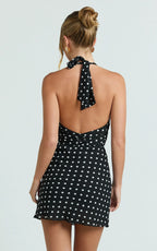 Sybil Mini Dress - Plunge Halter Low Back A Line Dress in Black Polka Dot