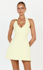 Leilani Mini Dress - Plunge Gold Hardware Fit and Flare Dress in Lemon