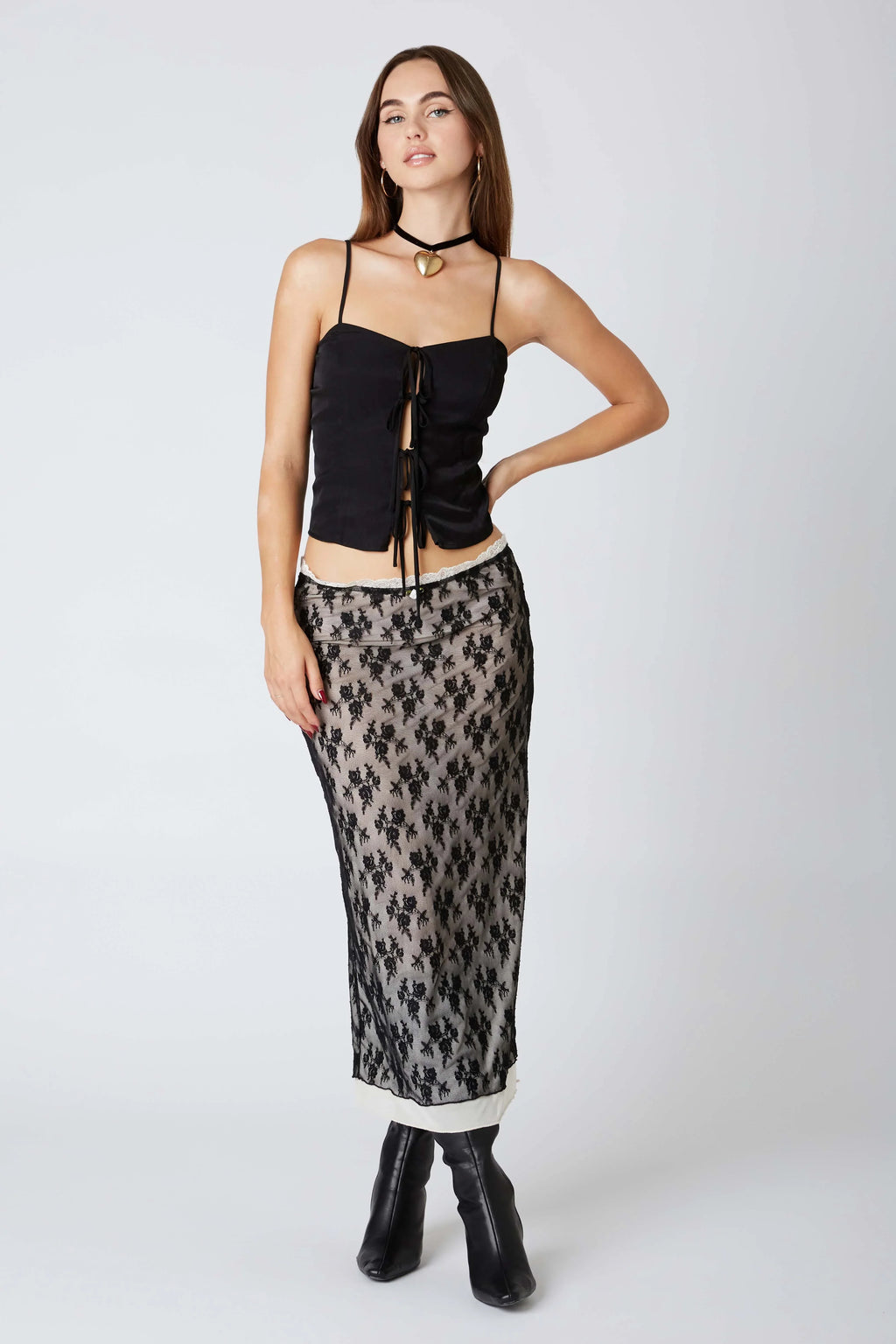 Lace Overlay Midi Skirt