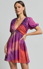 Kennedy Mini Dress - Recycled Polyester V Neck Puff Sleeve Dress in Coral Mirage Print